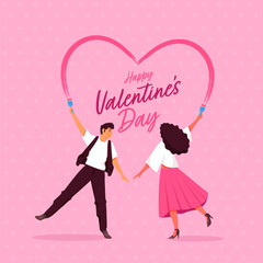 Happy Valentine's Day Font With Young Couple Making A Heart From Paint Brush On Pink Background.
