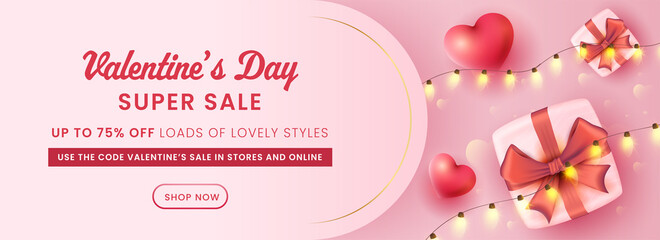 UP TO 75% Off For Valentine's Day Sale Header Or Banner Design With Top View 3D Gift Box And Hearts Illustration.