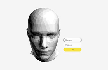 Low poly style human head. Login user interface. Modern screen design for mobile app and web design. Website element. Сyber security concept illustration. Artificial intelligence. 3D vector.