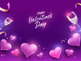 Happy Valentine's Day Concept With Glossy Hearts, Wine Glasses, Confetti And Lights Effect On Purple Background.