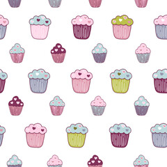 Seamless background with different cupcakes hand-drawn in doodle style. Vector pattern with muffins on a white background
