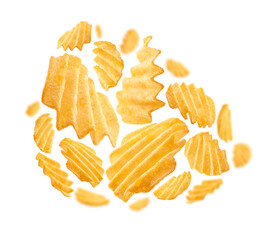 Fluted potato chips levitate on a white background