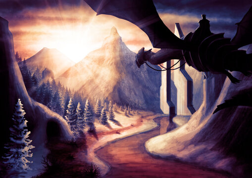 Winter fantasy landscape with a dragon with big wings and a knight, with big mountains, with an icy river and a snow-covered forest, with a giant and a cave, at dawn with bright rays and dark clouds.