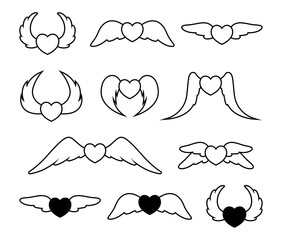 heart with wings icon set. love and wing line art logo
