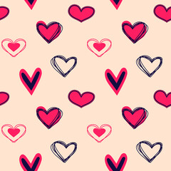 Vector seamless pattern for Valentine's Day. Hand-drawn bright hearts on a beige background.