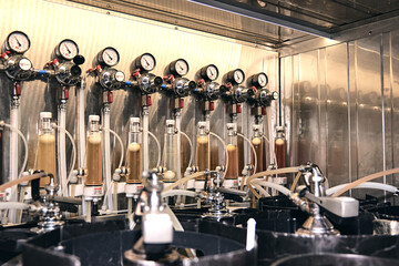 Private brewery manufacture of craft beer. Equipment for the preparation of beer. Cold room of pub