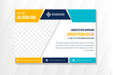 abstract geometric flyer template design use horizontal layout. combination blue and orange on element with white background. space for photo. 