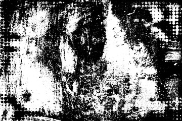 Grunge texture is black and white. The background is made of dirt, chips, scuffs, and wear. Old vintage surface splattered with ink. Soiled backdrop template