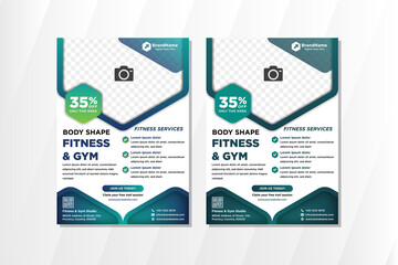 Set of abstract geometric flyer template design use headline fitness and gym with vertical layout. combination green and blue on element with white background. half hexagon shape for photo space. 