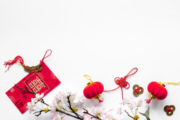 Chinese or lunar new year decorations. Chinese characters on postcard meaning double happiness