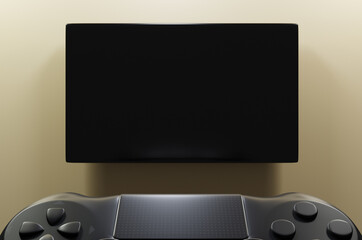 A half of Modern black wireless videogame controller with touch pad in the room with led, lcd or oled tv on the wall. 3d rendering.Copy space for insert content.