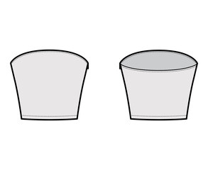 Top crop strapless tube neckline technical fashion illustration with slim fit, waist length. Flat apparel shirt outwear template front, back, grey color. Women men unisex CAD mockup