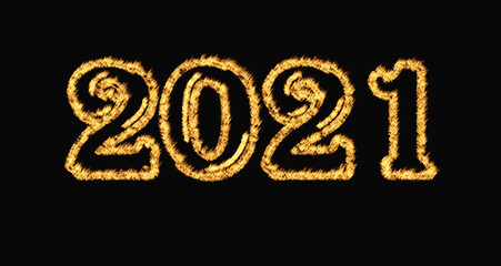 burning 2021 number isolated in black background, Burned 2021 Fire Flame. Burn twenty one 