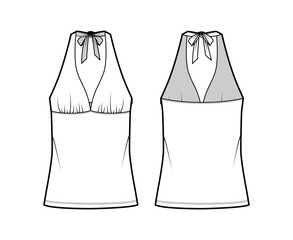 Top empire seam and tieback halter tank technical fashion illustration with close-fitting shape, oversized. Flat apparel shirt outwear template front, back, white color. Women men unisex CAD mockup