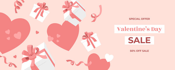 Valentines Day sale web banner, falling white gift boxes with holiday ribbons, confetti and bows, hearts on pink background, cute love holiday card template, online shopping. Vector flat illustration