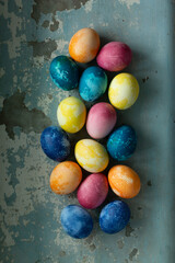 Fototapeta na wymiar Easter eggs on blue old concrete background