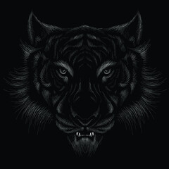 The Vector logo tiger for tattoo or T-shirt design or outwear.  Hunting style big cat print on black background. This hand drawing is for black fabric or canvas.