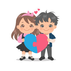 Cute boy and girl in love holding a heart shape puzzle. Match couple concept. Flat vector cartoon style valentine's day.