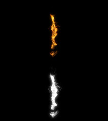 3D illustration of the exclamation point mark sign symbol on fire with alpha layer