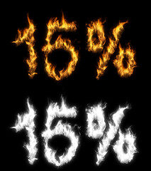 3D illustration of number percent text discount sale on fire with alpha layer