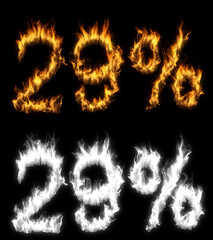 3D illustration of number percent text discount sale on fire with alpha layer