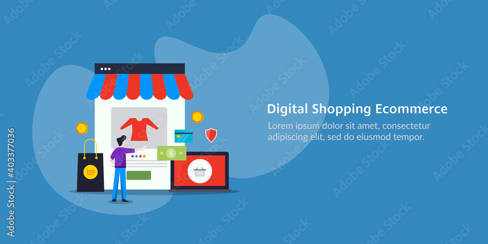 Poster digital shopping and mobile ecommerce application concept. mobile web store front with clothing, onl