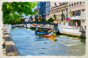 Fototapeta na wymiar Watercolor drawing of Aveiro traditional colorful Moliceiro boat with tourists sailing in narrow water canal, bridge across waterway