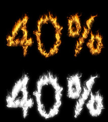 3D illustration of number percent text discount sale on fire with alpha layer