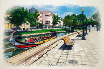 Naklejka premium Watercolor drawing of Aveiro traditional colorful Moliceiro boat with tourists sailing in narrow water canal, bridge across waterway