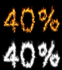 3D illustration of number percent text discount sale on fire with alpha layer