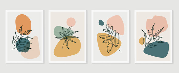 Botanical wall art vector set. Earth tone boho foliage line art drawing with  abstract shape.  Abstract Plant Art design for wall framed prints, canvas prints, poster, home decor, cover, wallpaper.