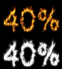 3D illustration of number percent text discount sale on fire with alpha layer