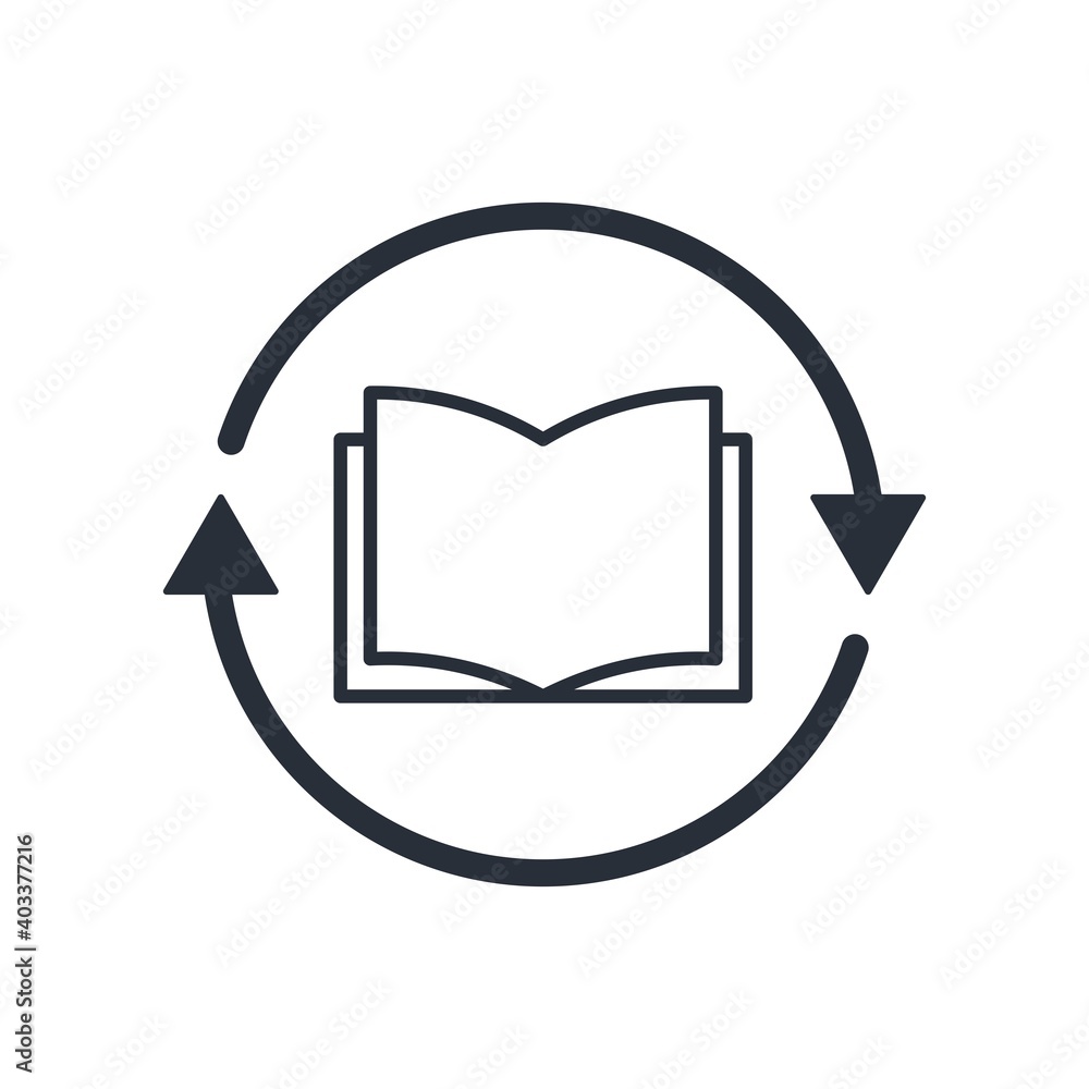 Poster open book and arrow refresh. new page. vector linear icon isolated on white background.