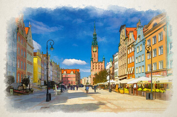 Watercolor drawing of Gdansk cityscape with people tourists walking down Dluga Long Market pedestrian street Dlugi targ square