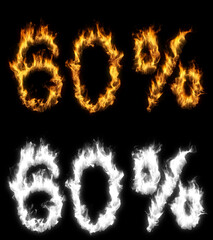 3D illustration of number percent text discount sale on fire with alpha layer