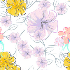 Pink Flowers Blooming Pattern. Pastel Watercolor.