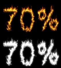 3D illustration of number percent text discount sale on fire with alpha layer