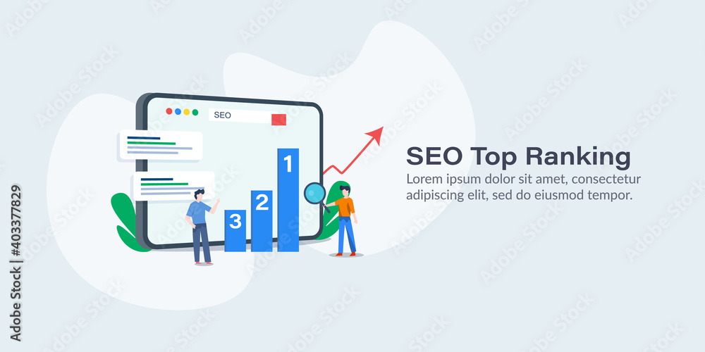 Poster team of seo experts analysing top ranking data. search engine optimization and web traffic concept. 