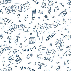 English. Language hand drawn pen doodles and lettering in form of talk bubble. 