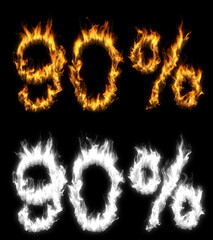 3D illustration of number percent text discount sale on fire with alpha layer