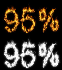3D illustration of number percent text discount sale on fire with alpha layer