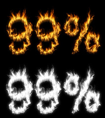 3D illustration of number percent text discount sale on fire with alpha layer