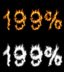 3D illustration of number percent text discount sale on fire with alpha layer