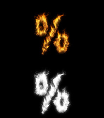 3D illustration of the percent sign on fire with alpha layer