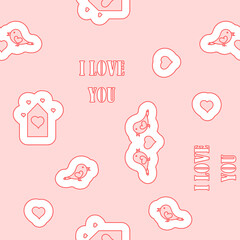 Seamless pattern Birthday, Happy Valentine's Day, Wedding, Mother's Day . Hearts, little birds, a birdhouse