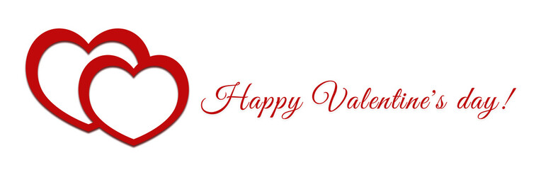 Happy Valentine's Day! Two red hearts on a white background. Copy space for text. Banner