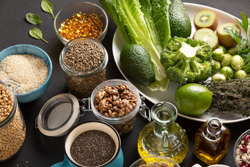 set of healthy food products; vegetables; cereals; fish fat
