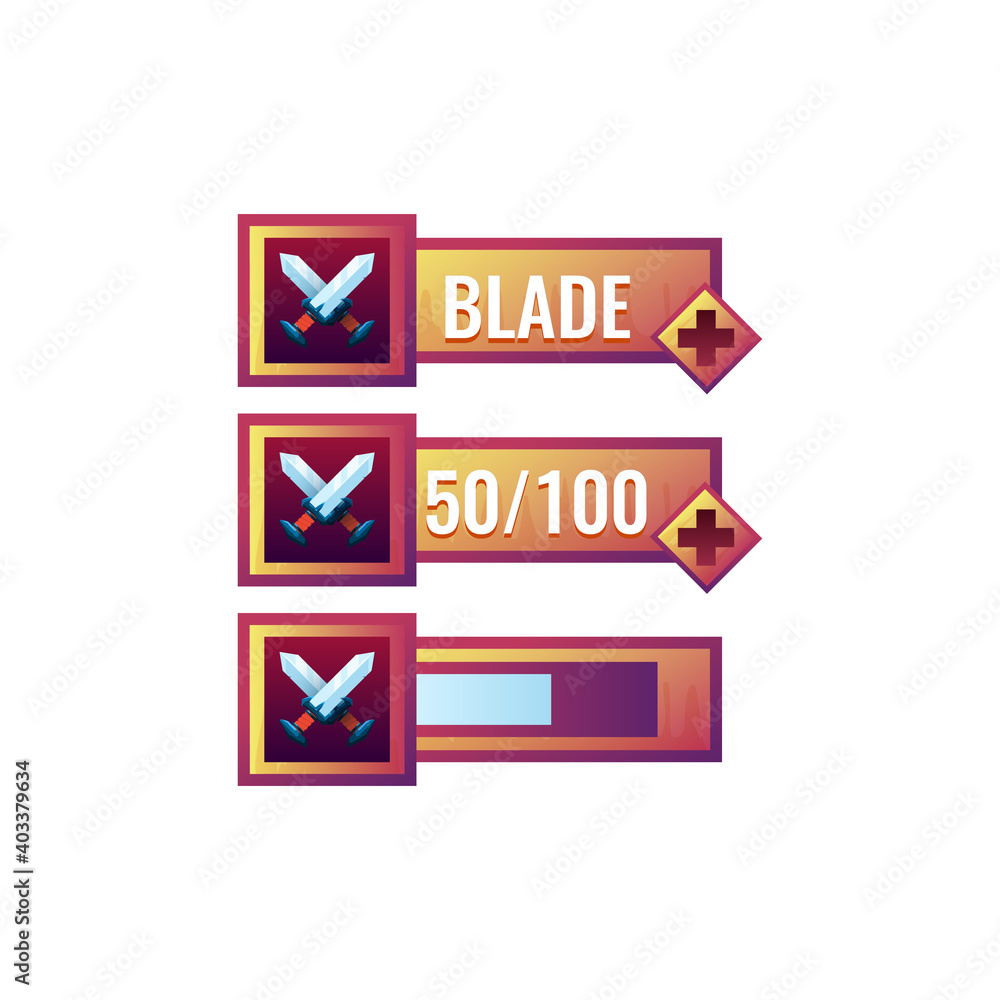 Fototapete set of funny old wooden game ui blade sword fighting power ups skill with numeric and load bar addit