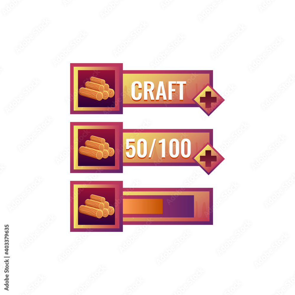 Poster set of funny old wooden game ui shop craft wood bar with numeric and bar additional panel for gui as