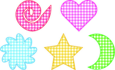 Set of cute checkered abstract heart, moon, star, flower and spiral